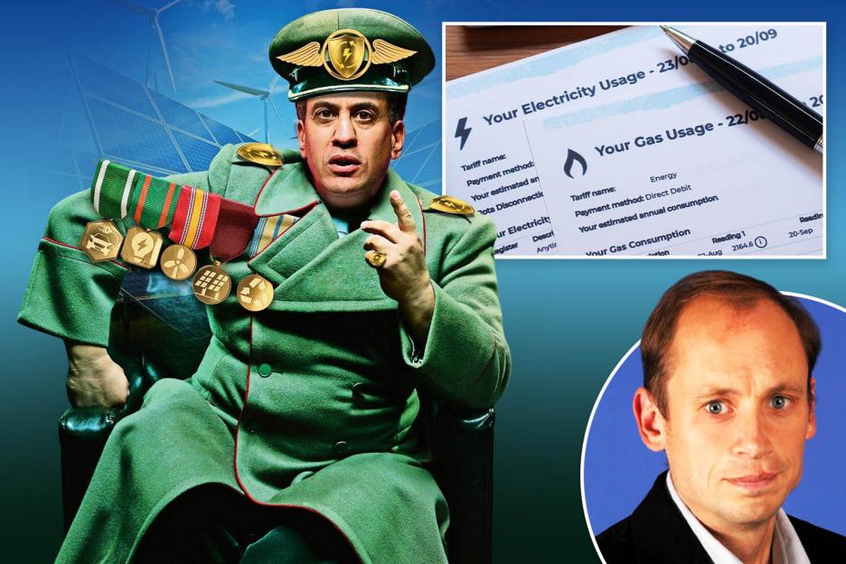 Illustration of a man in a military uniform with energy-related medals, next to energy bills and a photo of another man.