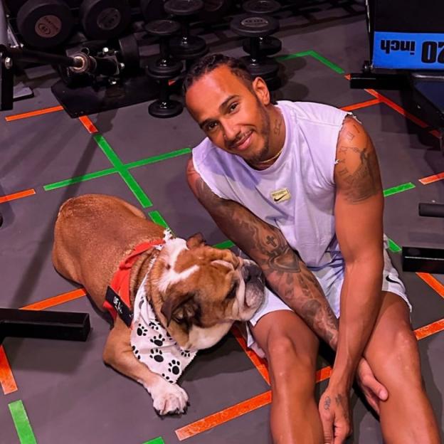 Lewis Hamilton and his pet dog Roscoe, https://www.instagram.com/roscoelovescoco/