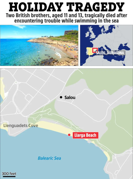 Map showing Llarga Beach in Salou, Tarragona, where two British brothers died.