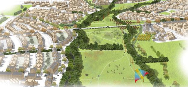 Illustration of Elms Park, a new sustainable neighborhood in Cheltenham, featuring homes, shops, a hotel, and green spaces.