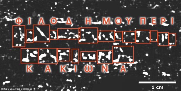 AI decipherment of burnt ancient Greek text from a scroll.