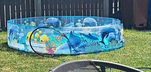 Inflatable paddling pool in a garden.