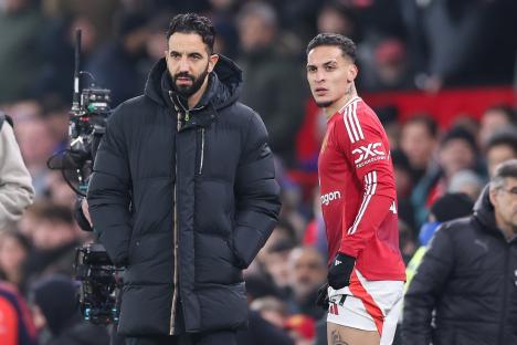 Ruben Amorim, Manchester United head coach, and Antony of Manchester United.