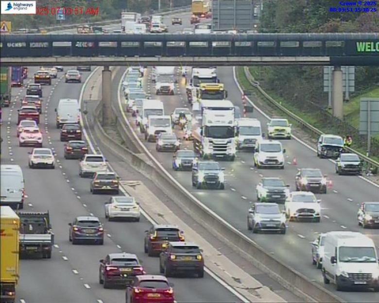 Traffic jam on a multi-lane highway.