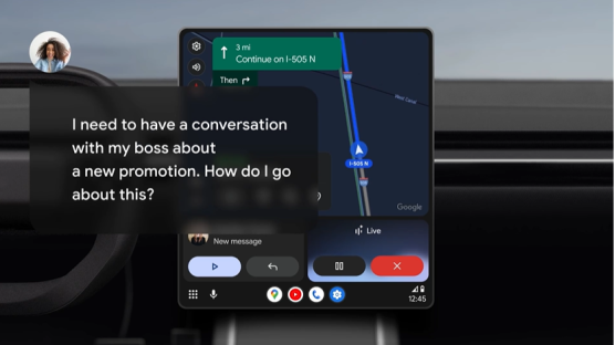 Android Auto interface showing navigation and a text message asking for advice on discussing a promotion with a boss.