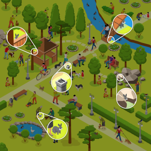 Illustration of a park with people, animals, and rabbits.