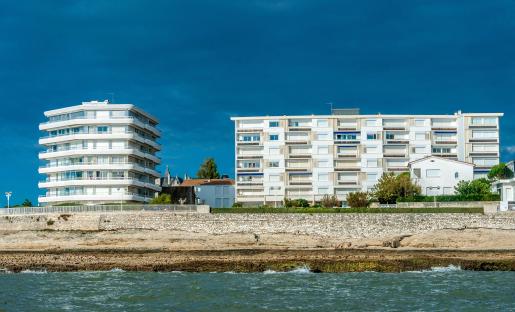 Royan, France seafront with apartment buildings.