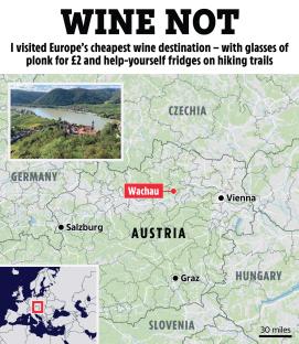 Map of Austria's Wachau region, highlighting its location in Europe and noting inexpensive wine.