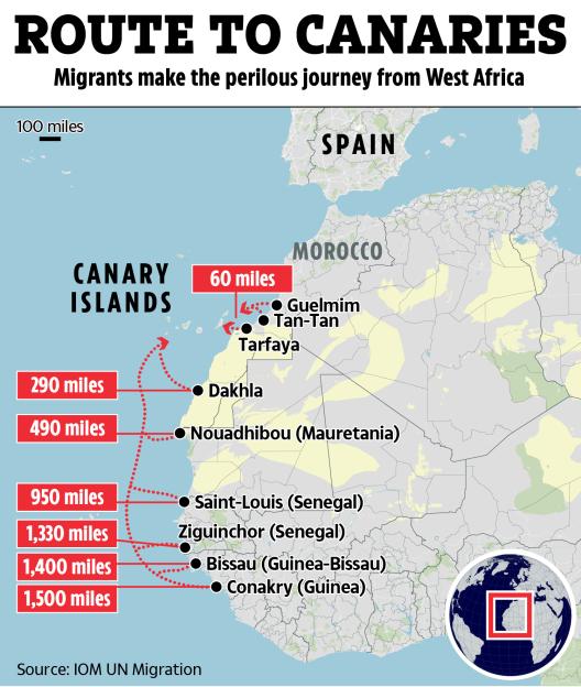 Map illustrating migrants' journey from West Africa to the Canary Islands.