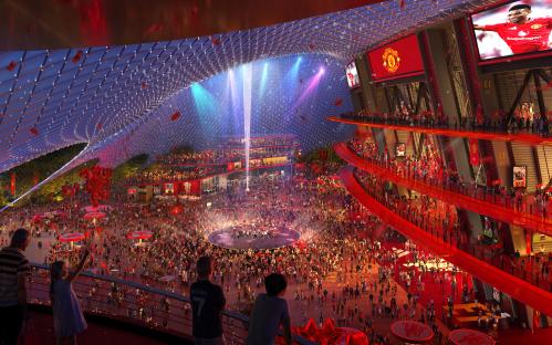 Illustration of a bustling Manchester United plaza at night.