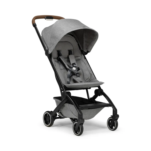 Gray stroller with black frame.