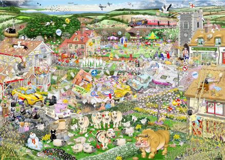 Illustration of a busy spring scene with many people and animals.