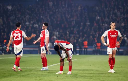 Mandatory Credit: Photo by Xinhua/REX/Shutterstock (15289337f) Arsenal's Mikel Merino, Declan Rice, Jurrien Timber and Riccardo Calafiori (From L to R) look dejected after the UEFA Champions League semifinal second leg match between Paris Saint-Germain and Arsenal at the Parc des Princes stadium in Paris, France, May 7, 2025. France Paris Football Uefa Champions League Psg vs Arsenal - 07 May 2025