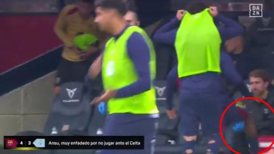 Moment raging Ansu Fati kicks cooler and stairs in meltdown after Barcelona sub is made to warm up then sit back down