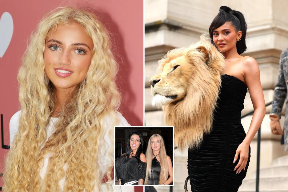 An image collage containing 3 images, Image 1 shows Princess Andre at the opening of a Space NK store, Image 2 shows Kylie Jenner wearing a black dress and a lion head as a shoulder piece at Paris Fashion Week, Image 3 shows Katie Price and Princess Andre at the National Diversity Awards