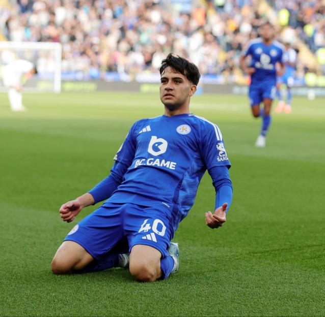 Facundo Buonanotte of Leicester City celebrates a goal.