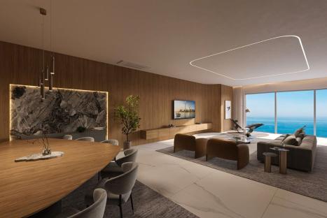 Rendering of an apartment in the Senna Tower overlooking the ocean.