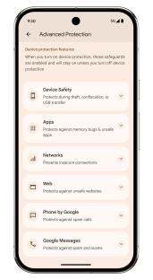 Smartphone screen showing advanced protection features including device safety, app protection, network security, web protection, and spam call and message protection.