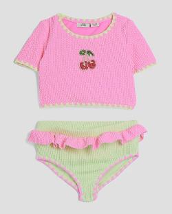 Pink and light green girls' cherry bikini set.