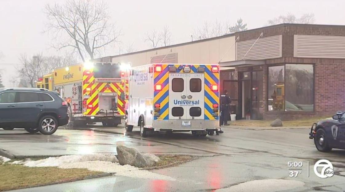 Emergency vehicles, including a fire truck and an ambulance, parked outside the Oxford Center in Troy where a hyperbaric chamber exploded, killing a 5-year-old boy.