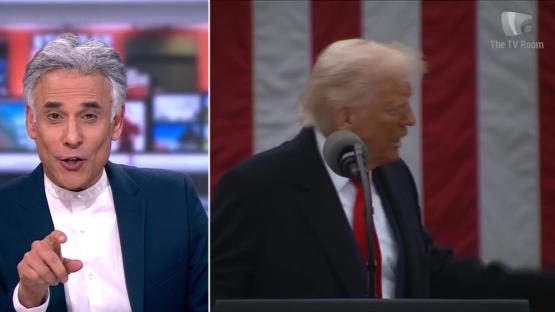 BBC News host and Donald Trump shown in split screen.