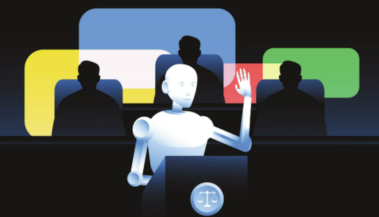Illustration of a robot judge raising its hand in a courtroom.