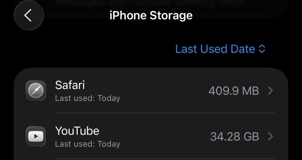 Screenshot of iPhone Storage settings showing Safari using 409.9 MB and YouTube using 34.28 GB.