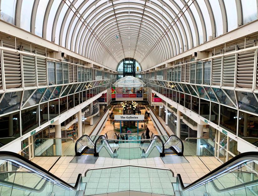 An interior view of the Galleries at Eastgate Shopping Centre in Basildon, Essex.