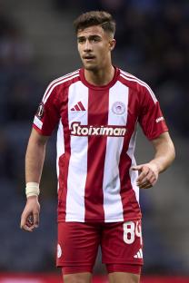 Charalampos Kostoulas of Olympiacos El Pireo looks on during the UEFA Europa League match between FC Porto and Olympiacos El Pireo at Estadio Do Dragao in Porto, Portugal, on January 23, 2025. (Photo by Jose Manuel Alvarez Rey/JAR Sport Images/NurPhoto via Getty Images)