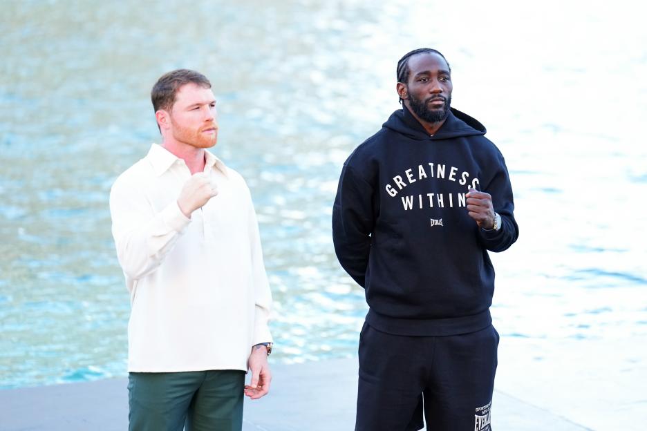 Terence Crawford and Canelo Alvarez at a media event.