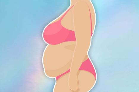 Illustration of a woman with a large stomach wearing a pink bra and underwear.