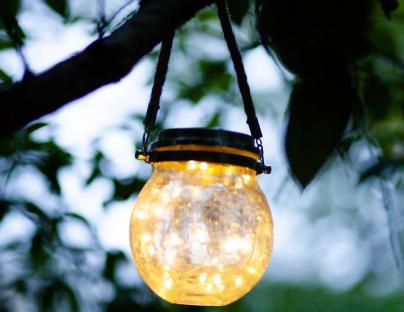 Solar-powered lantern hanging from a tree branch.