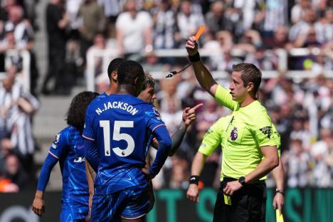 NEWCASTLE UPON TYNE, ENGLAND - MAY 11: Referee, John Brooks shows a red card to Nicolas Jackson of Chelsea after clashing with Sven Botman of Newcastle United (not pictured) during the Premier League match between Newcastle United FC and Chelsea FC at St James' Park on May 11, 2025 in Newcastle upon Tyne, England. (Photo by Chelsea Football Club/Chelsea FC via Getty Images)