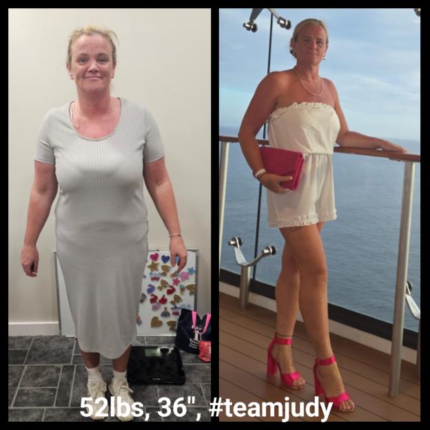 Before and after weight loss photos; 52 lbs, 36". #teamjudy