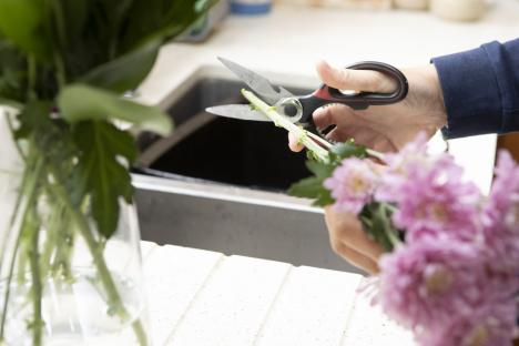 Person preparing a bunch of pink carnations.