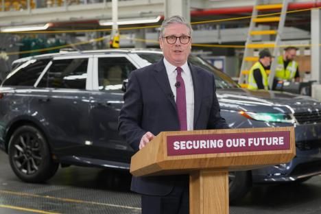 Keir Starmer speaking at a Jaguar Land Rover factory.