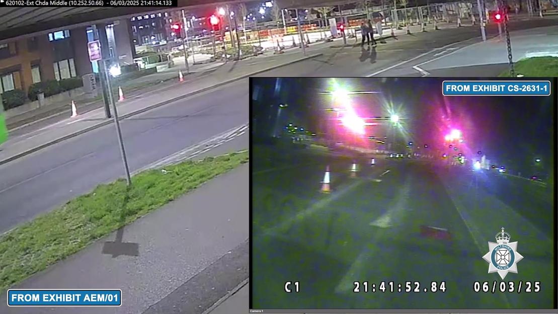 Collage of two CCTV footage stills, one showing a street with buildings, streetlights, and traffic lights at night, and the other showing a road from a car's perspective with flashing police lights.
