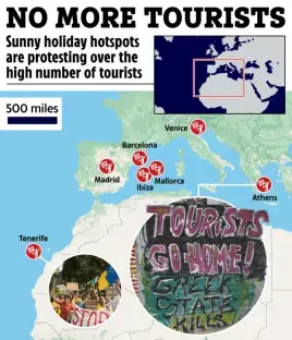 Illustration of a map showing protests against overtourism in several European cities.