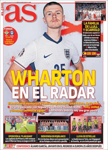 Newspaper cover featuring a young soccer player, Wharton, who is being monitored by Real Madrid.