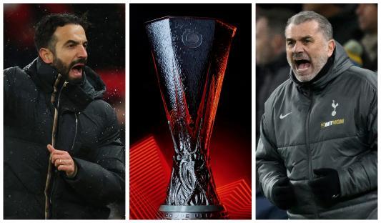 Collage of Ruben Amorim, the Europa League trophy, and Ange Postecoglou.