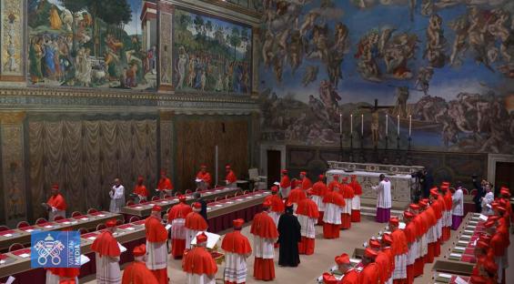 Screengrab of cardinal electors entering the Sistine Chapel.