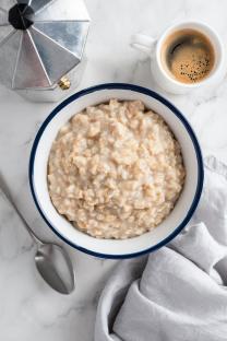 Oatmeal porridge and coffee for breakfast.