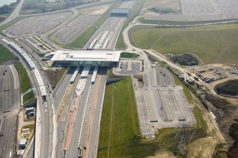 Aerial view of Ebbsfleet International Station and its large car park.