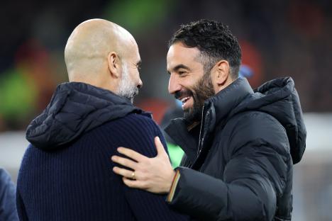 Pep Guardiola and Ruben Amorim interacting before a Premier League match.