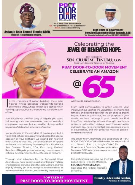 PBAT Door-to-Door celebrates Nigerian First Lady Oluremi Tinubu at 65
