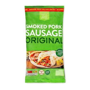 Package of The Deli Smoked Pork Sausage Original.