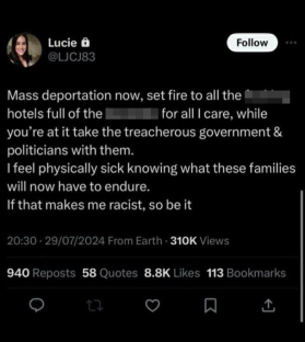 Screenshot of a Twitter post advocating for mass deportation and violence against migrants.