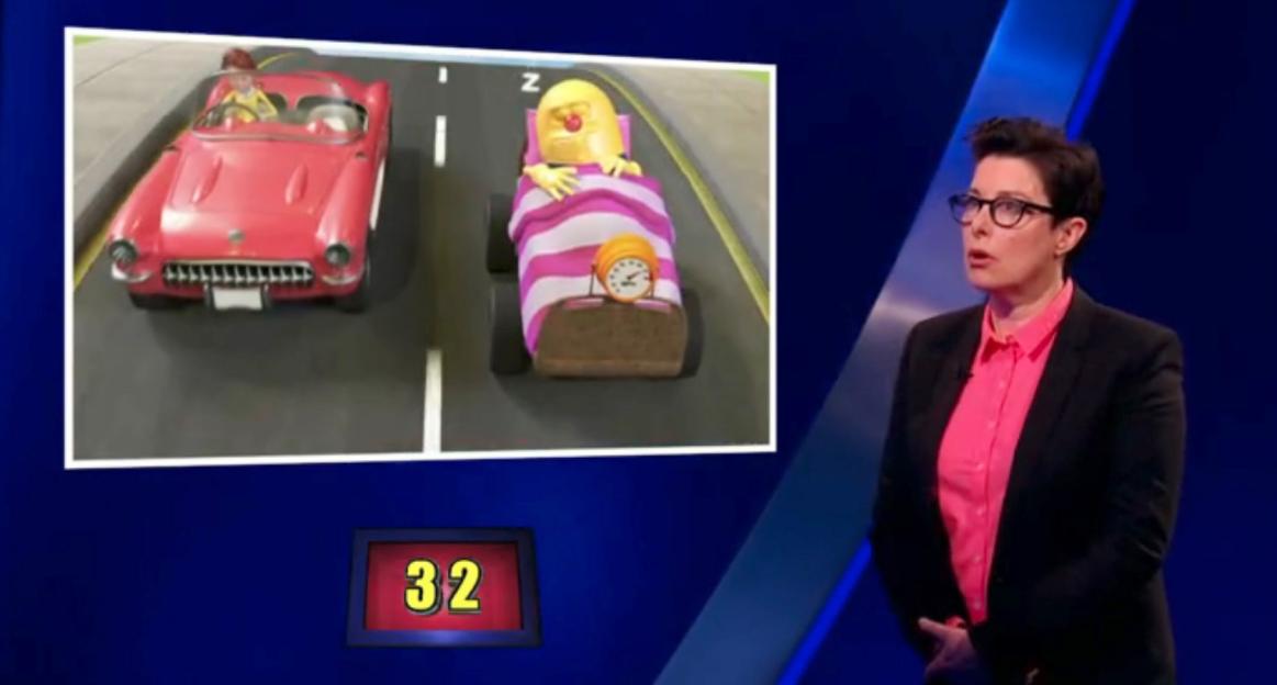 Sue Perkins on Celebrity Catchphrase; a red car and a bed-shaped car are shown.