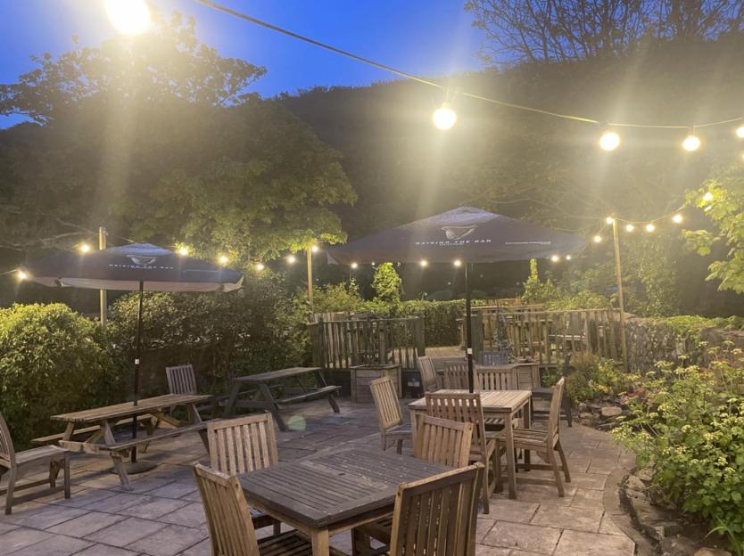 The Ship Inn pub patio at night.