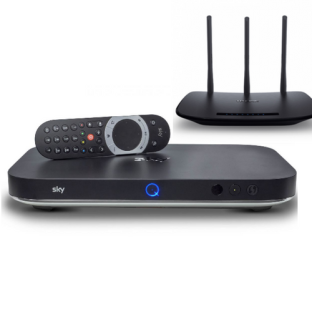 Sky Q box, remote, and router.
